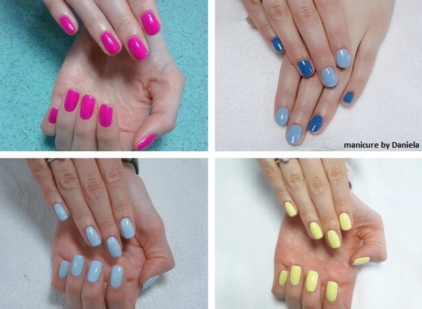 paznokcie pomalowane jednolicie w różnych wiosennych kolorach