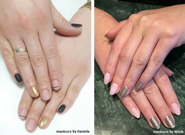 paznokcie nude z czarnym paskiem, połączenie złotego z nude i czarnym, brokatowy manicure