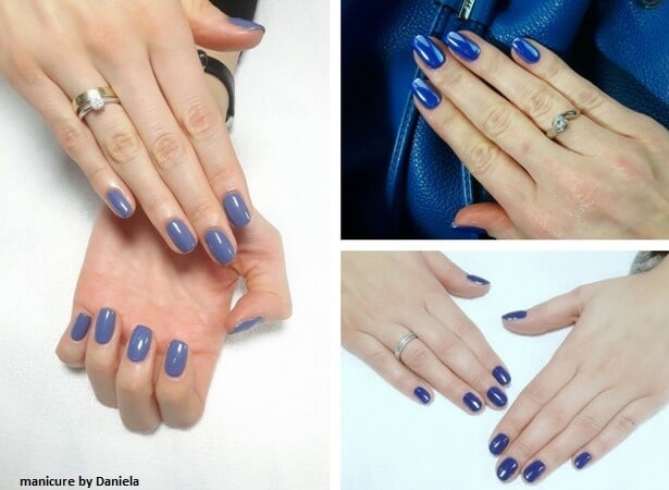 paznokcie pomalowane w odcieniach niebieskiego koloru, manicure grafitowo granatowy, niebieskie modne paznokcie na wiosnę 2018