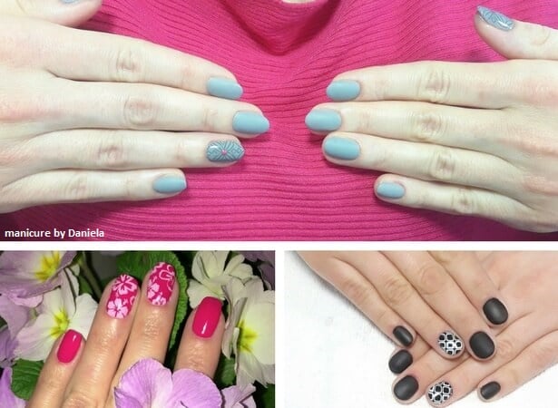 paznokcie szare, manicure różowy w kwiaty jasno różowe, paznokcie czarne matowe ze zdobieniami