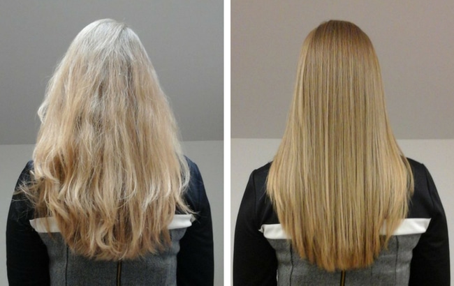 keratynowe prostowanie włosów na blond włosach, keratyna na blondzie, keratynowe prostowanie długich włosów
